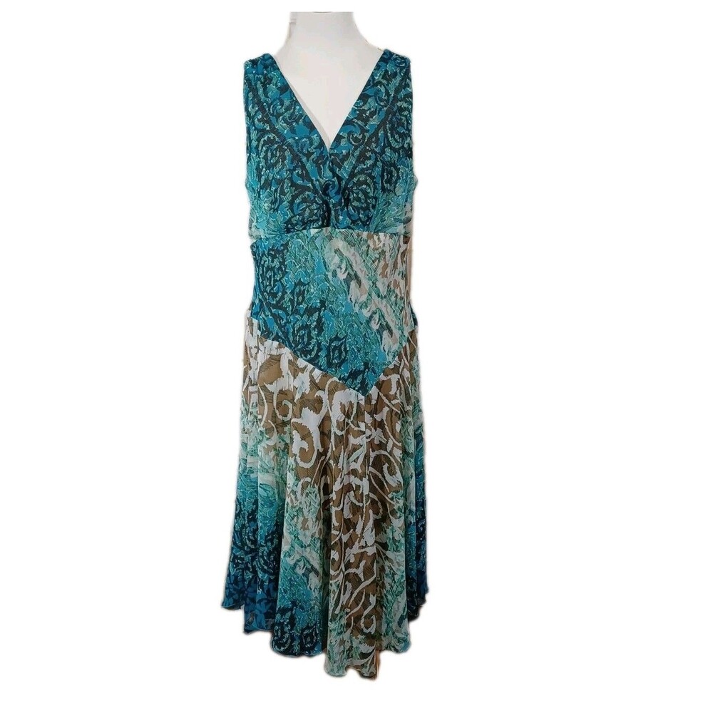 Dress Barn Women's Teal Tropical Print Asymmetrical  Fit And Flare Dress Size 14